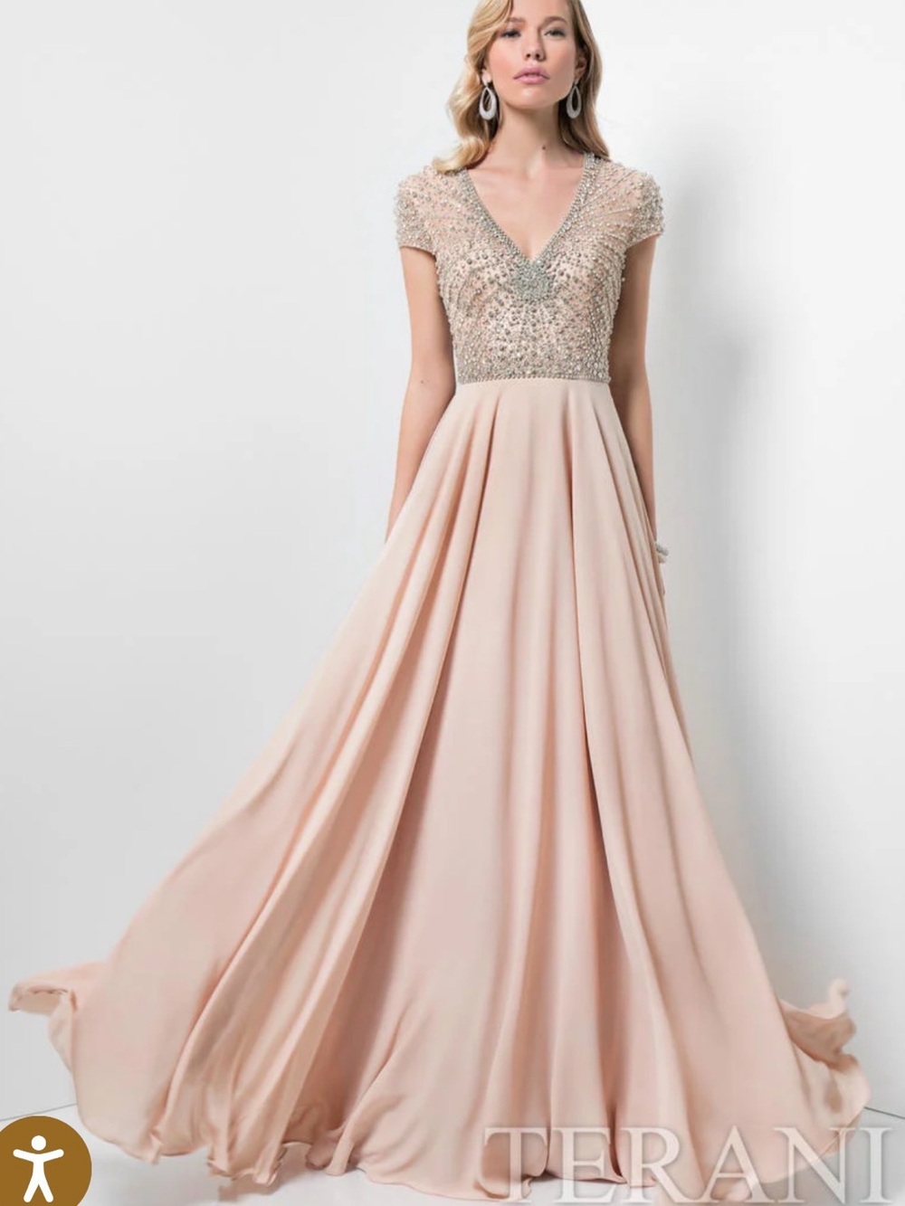 Terani Couture Embellished V-Neck Cap Sleeve Gown in Blush